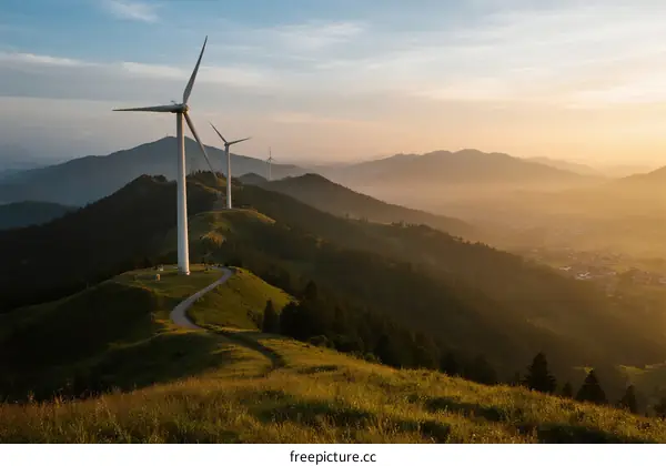 Wind turbines on a mountain ridge during a beautiful sunset