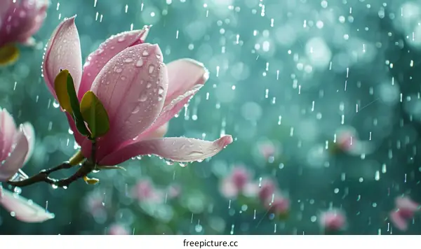 Raindrops falling on a pink magnolia flower