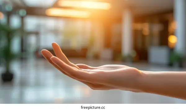 An open hand reaching out with a bright light in the background