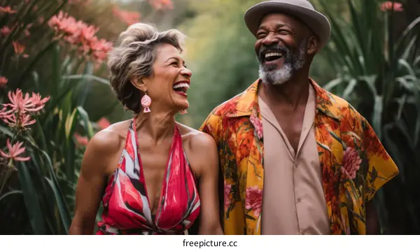 Happy retired couple laughing together in a garden