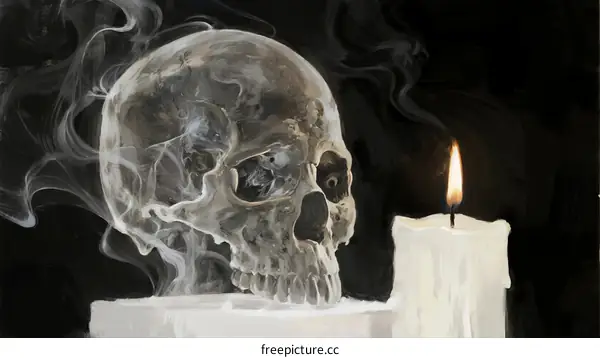 A transparent human skull with white candle smoke in dark background