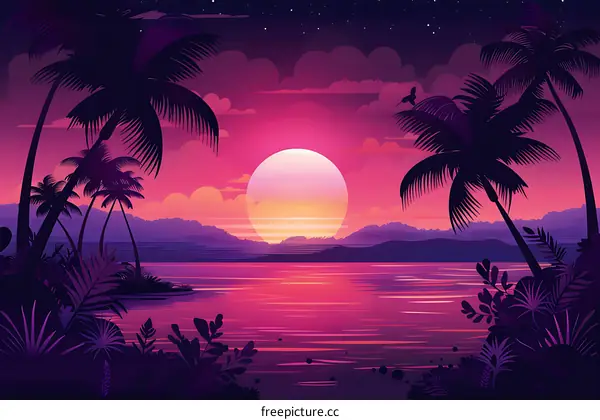 Tropical Sunset with Palm Trees and Ocean