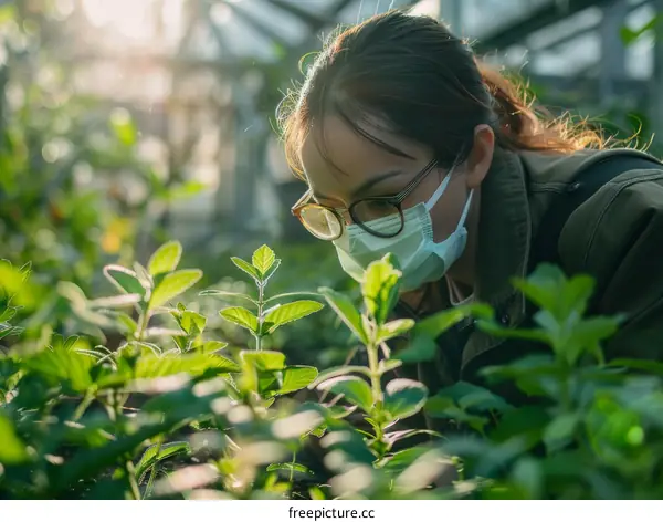 Asian woman wearing a mask inspecting plants in a greenhouse