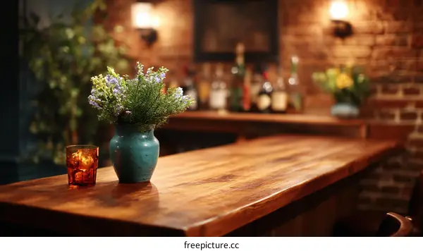Rustic Wooden Bar Top with Flowers