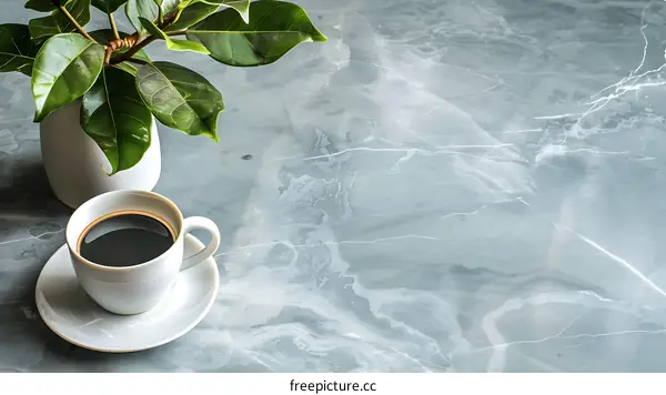 Closeup of a Cup of Coffee on a Marble Surface with a Green Plant