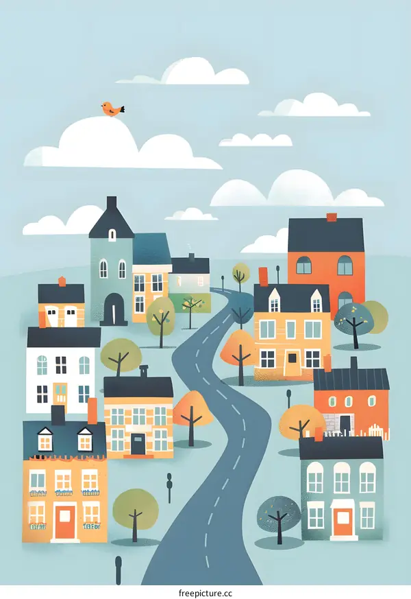Cartoon Illustration of Houses With a Winding Road