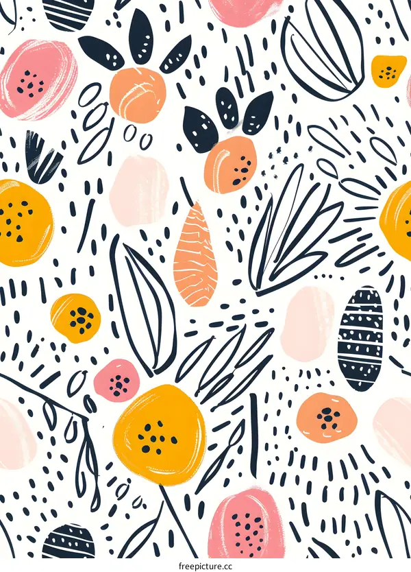 Abstract Hand Drawn Seamless Pattern with Leaves and Circles