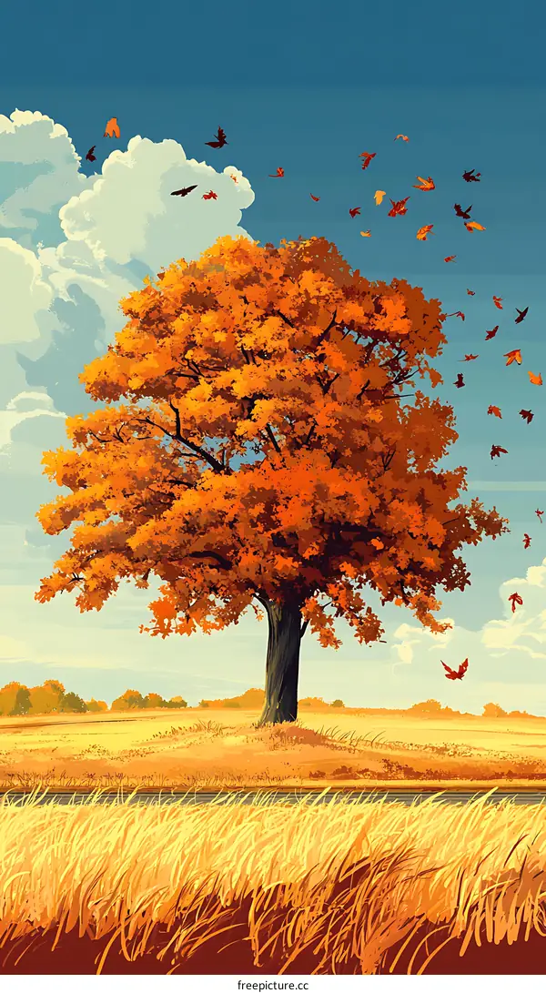 Autumn Landscape With A Single Tree And Falling Leaves