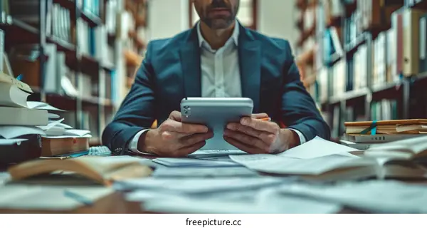A man in a suit is sitting at a desk in a library, reading a book.