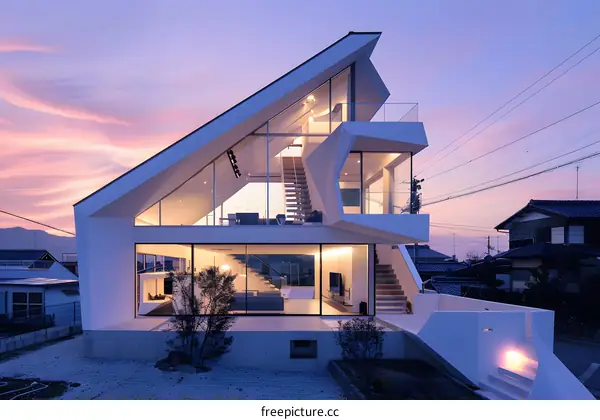 Modern White House with Geometric Design and Glass Windows