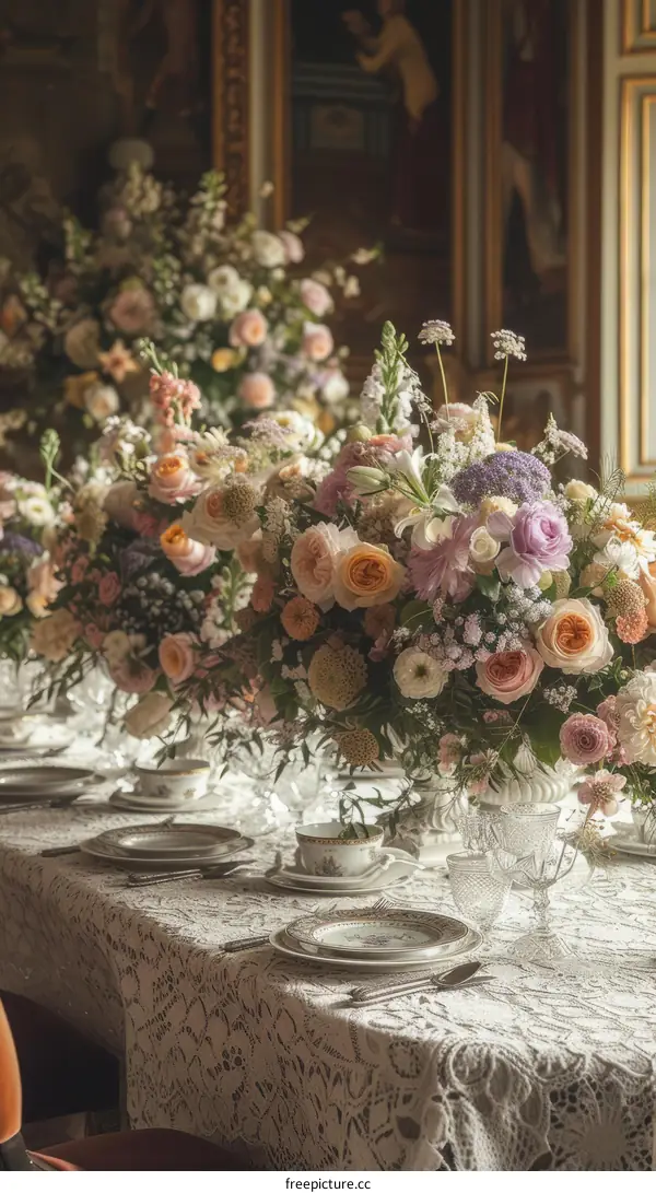 Lavish floral arrangements at a wedding reception