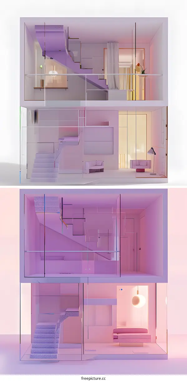 Pink Minimalist House Interior Design With Staircase