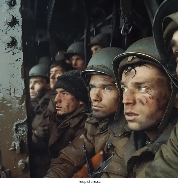 A group of soldiers in a foxhole during World War II