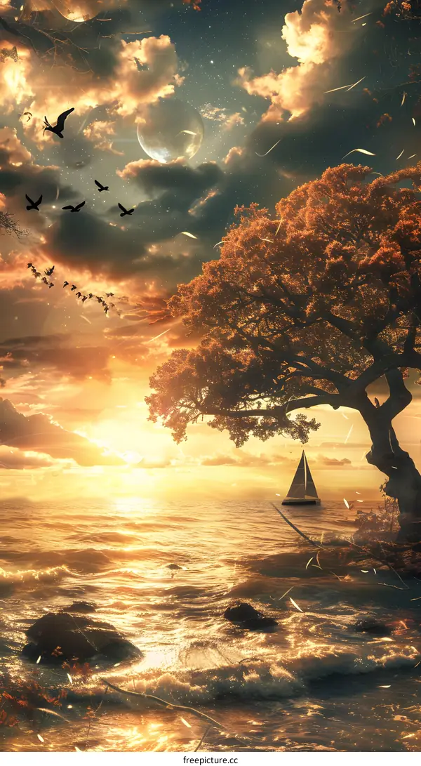 Golden Sunset with Sailing Boat and Tree