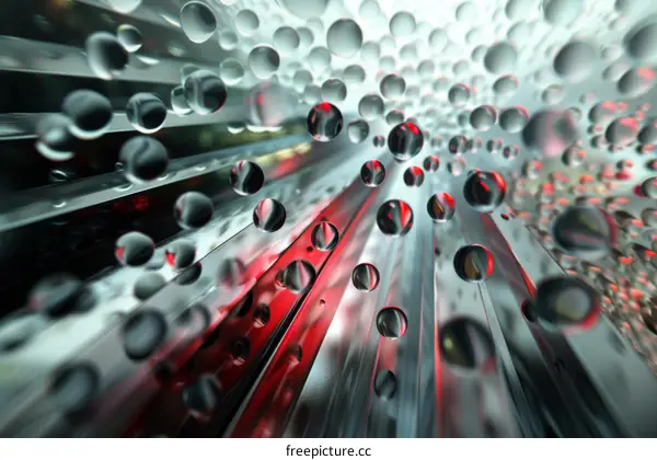 Water Droplets on Shiny Metal Surface with Red Light Reflection