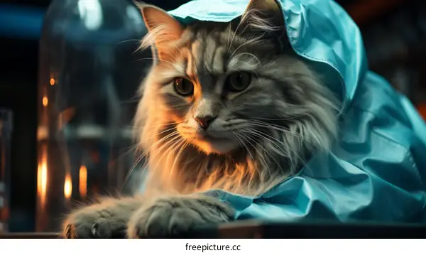 A Gray Cat in a Blue Robe Sits at a Table with a Glass Dome in the Background