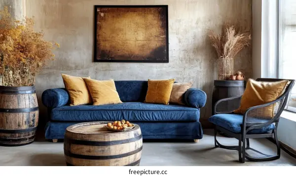 Cozy Living Room with Vintage Wooden Barrels