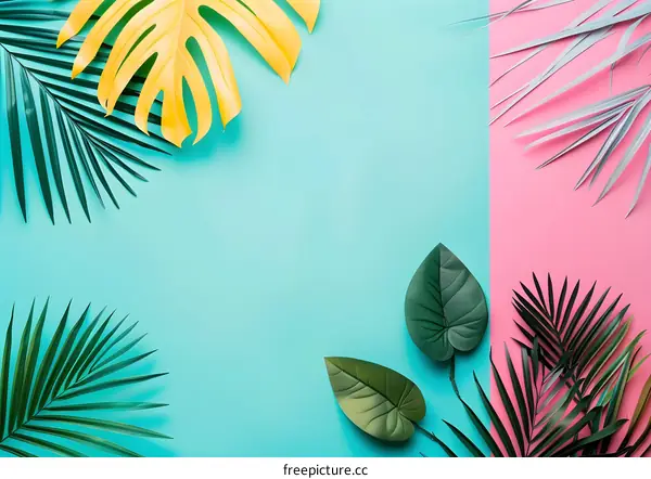 Tropical Leaves on Blue and Pink Background