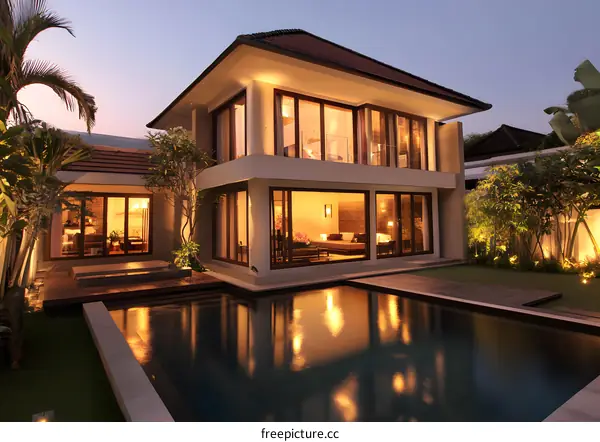 Modern Villa with Swimming Pool and Tropical Garden at Dusk