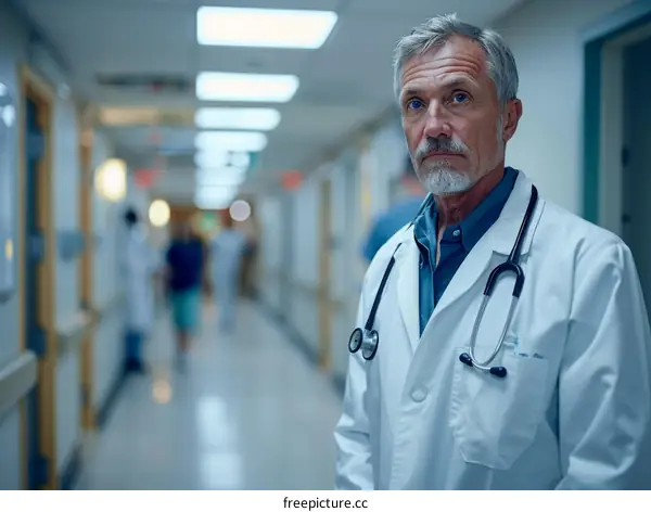 Portrait of a male doctor in a hospital hallway
