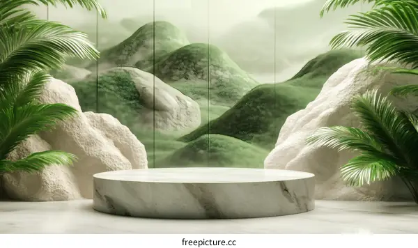 Green Mountain Scene with Marble Podium