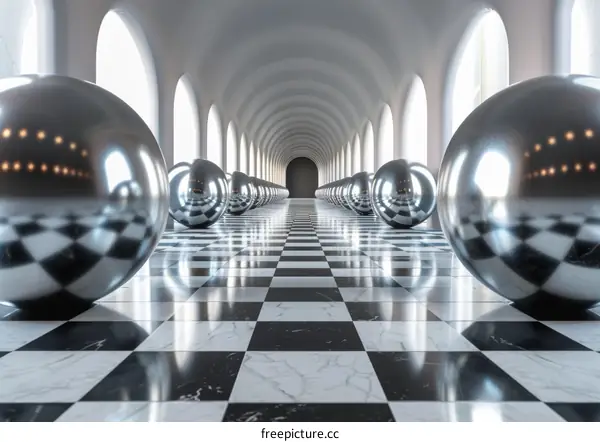 Futuristic Sci-Fi Checkered Floor Hallway With Silver Spheres