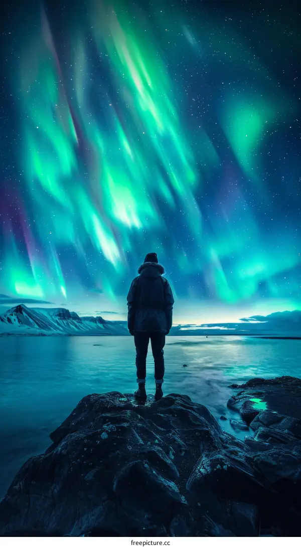 Man standing on a rock in front of a lake, looking at the aurora borealis