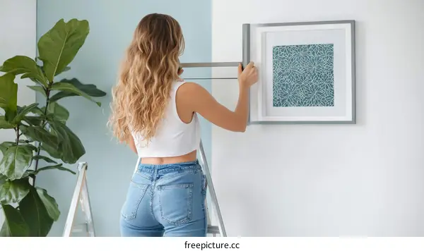 Woman Hanging a Framed Artwork on a Wall