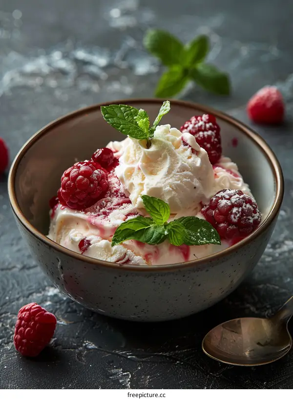 A bowl of ice cream with raspberries and mint