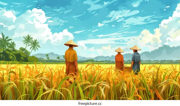 Farmers Harvesting Rice in Vietnam's Paddy Fields