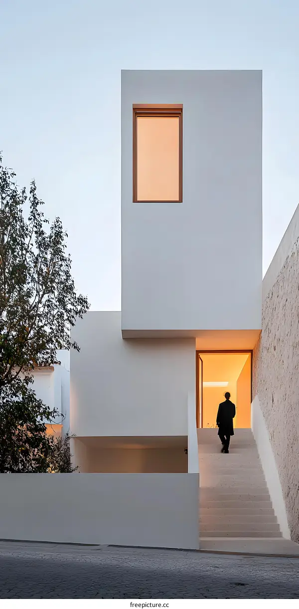 Modern Minimalist White House Exterior with Man Walking Up Stairs