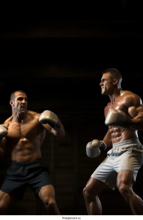 Two muscular men in boxing gloves are engaged in a boxing match