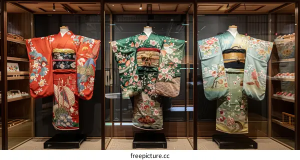Three elegant kimono with floral patterns displayed in glass cases