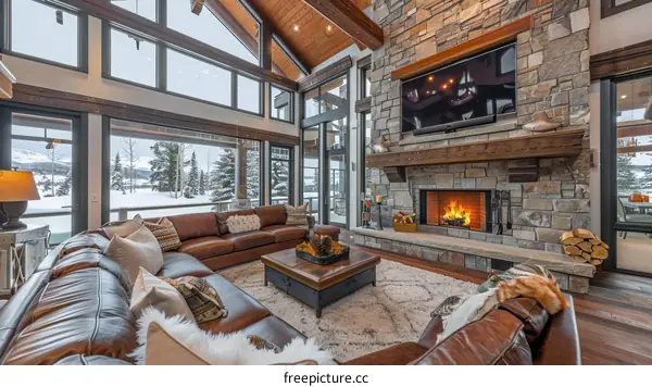 Modern mountain living room with vaulted ceilings and a cozy fireplace
