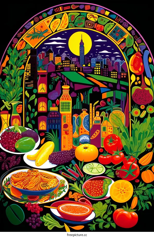 A colorful illustration of a city with a skyline, plants, and food.