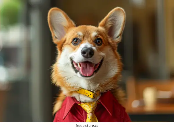 A happy corgi dog wearing a shirt and tie