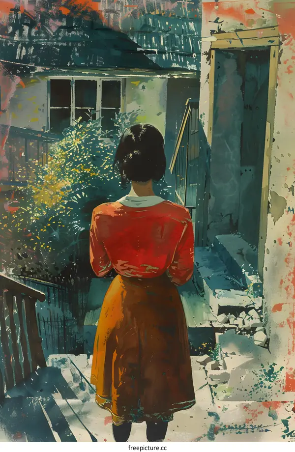 girl in red dress looking at the garden
