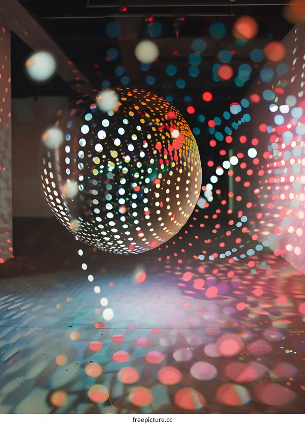 Disco Ball Reflecting Colorful Lights in a Dark Room