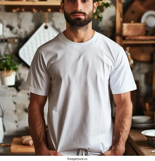 Bearded man in white shirt standing in kitchen
