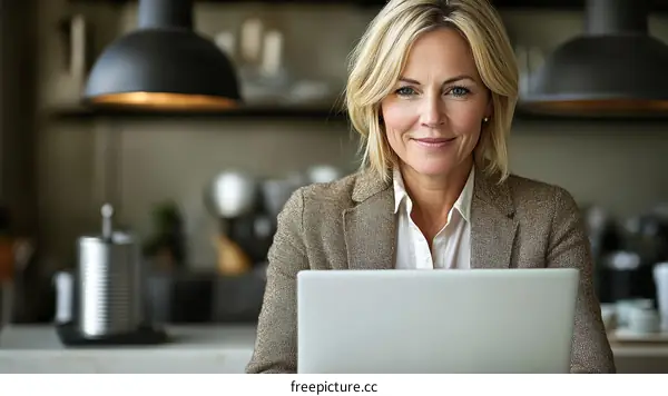Focused Business Woman Working on Laptop in Cafe