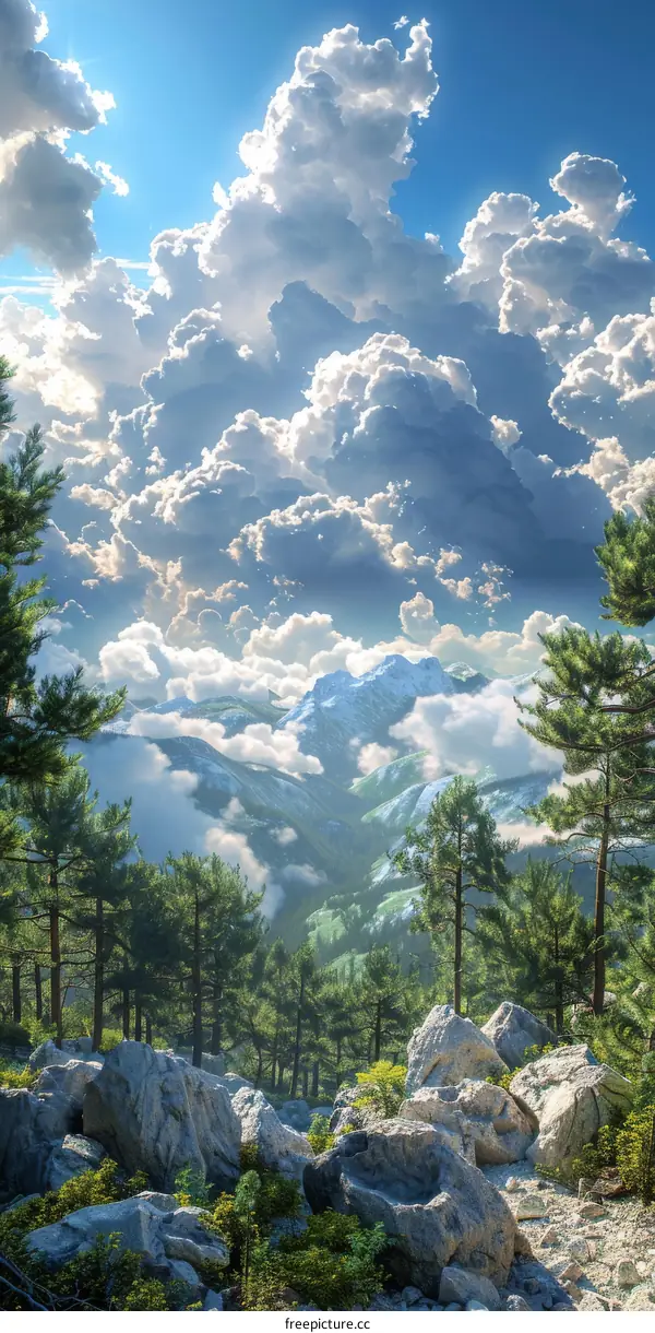 Pristine Mountain Landscape with Towering Pines and Fluffy Clouds