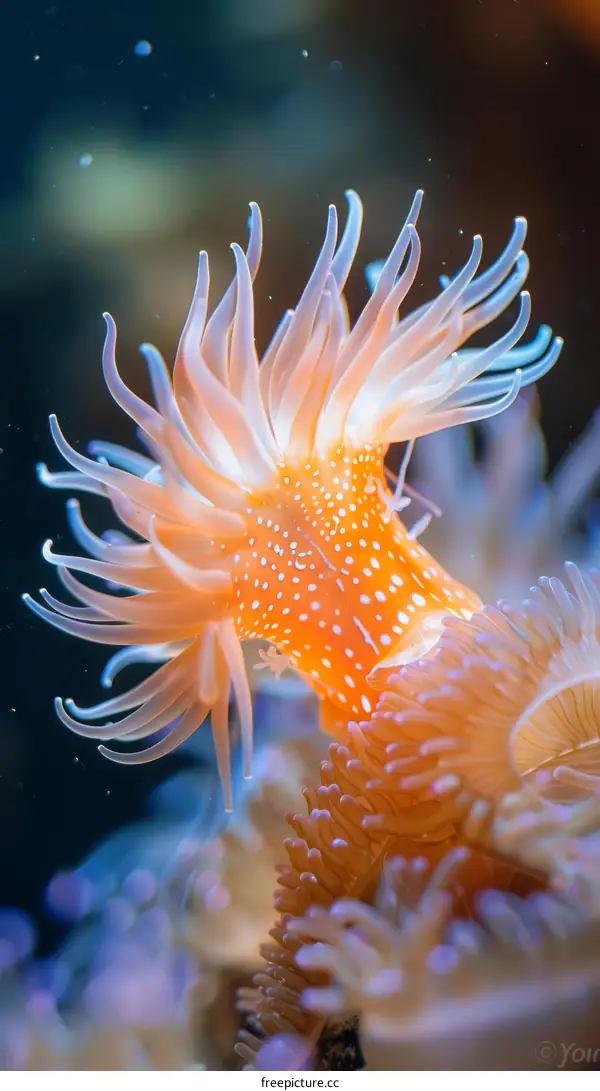 A close up image of a pink and white anemone with its tentacles extended