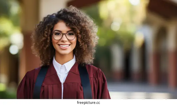 A young woman in a graduation gown is smiling.
