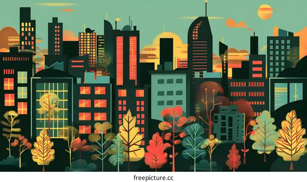 Modern Cityscape with Autumn Trees Illustration