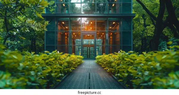 Modern Glass Building Blending with Nature