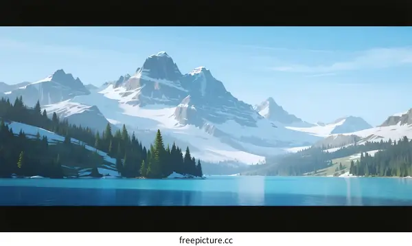 Picturesque Mountain Range with Snow-Capped Peaks and Turquoise Lake