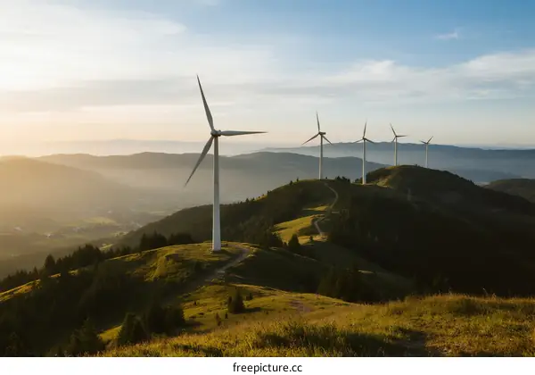 Wind turbines on a hilltop under a clear sky during sunrise
