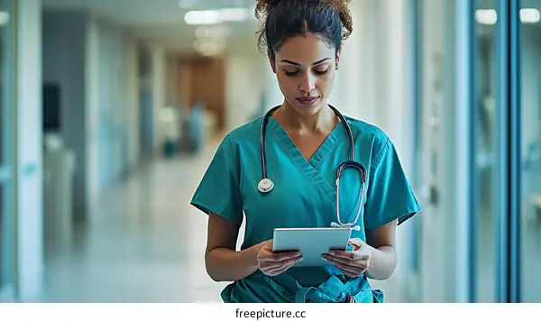 Focused Nurse Reviewing Medical Records in Hospital Corridor