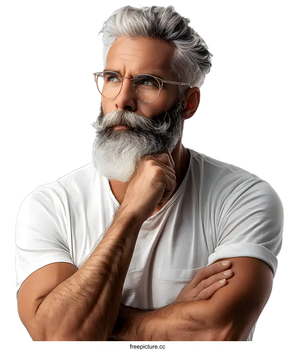 [Transparent Background PNG]Thoughtful Mature Man with Grey Hair and Beard