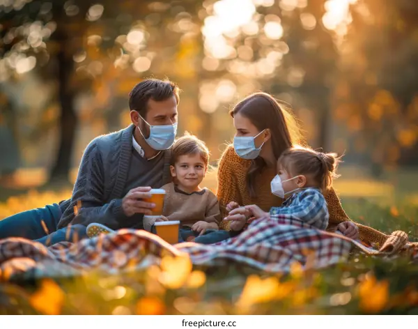 Family wearing protective masks enjoying picnic in autumn park